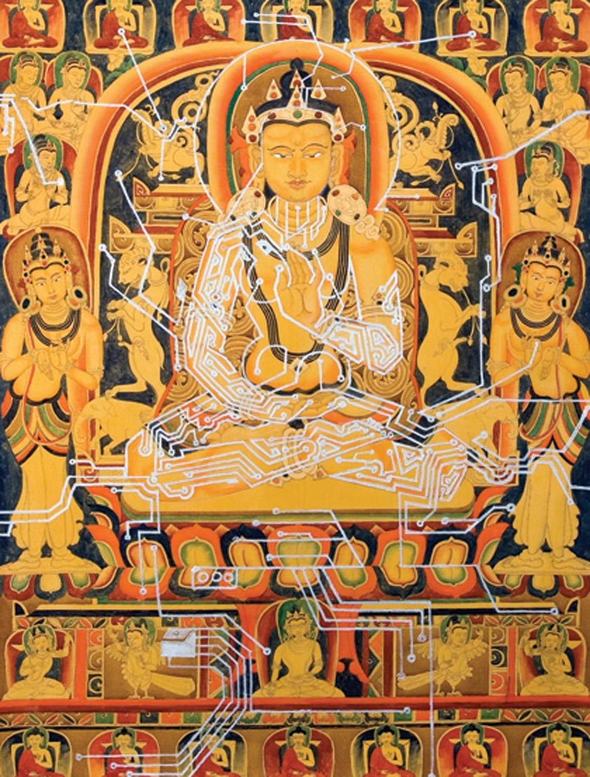 L’art n’est qu’une des nombreuses façons dont le bouddhisme tibétain se relie au présent, tout en restant enraciné dans son passé. Ici, dans une peinture du XXIe siècle de Jhamsang, artiste de Lhassa et membre fondateur de la Guilde des Artistes Guèdun Cheupèl, à Lhassa, le bouddhisme est parfaitement « connecté ». Photo : avec l’aimable autorisation de Rossi & Rossi, Londres.