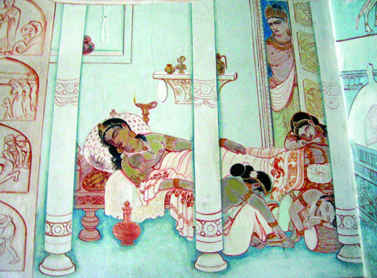 Cette peinture murale, dans le temple de Mūlagandhakuti à Sarnath, représente le Prince Siddhartha à la veille de son grand départ, juste avant de renoncer à la vie de luxe qu'il menait au palais. Photo de Ajay Tallam b1 2