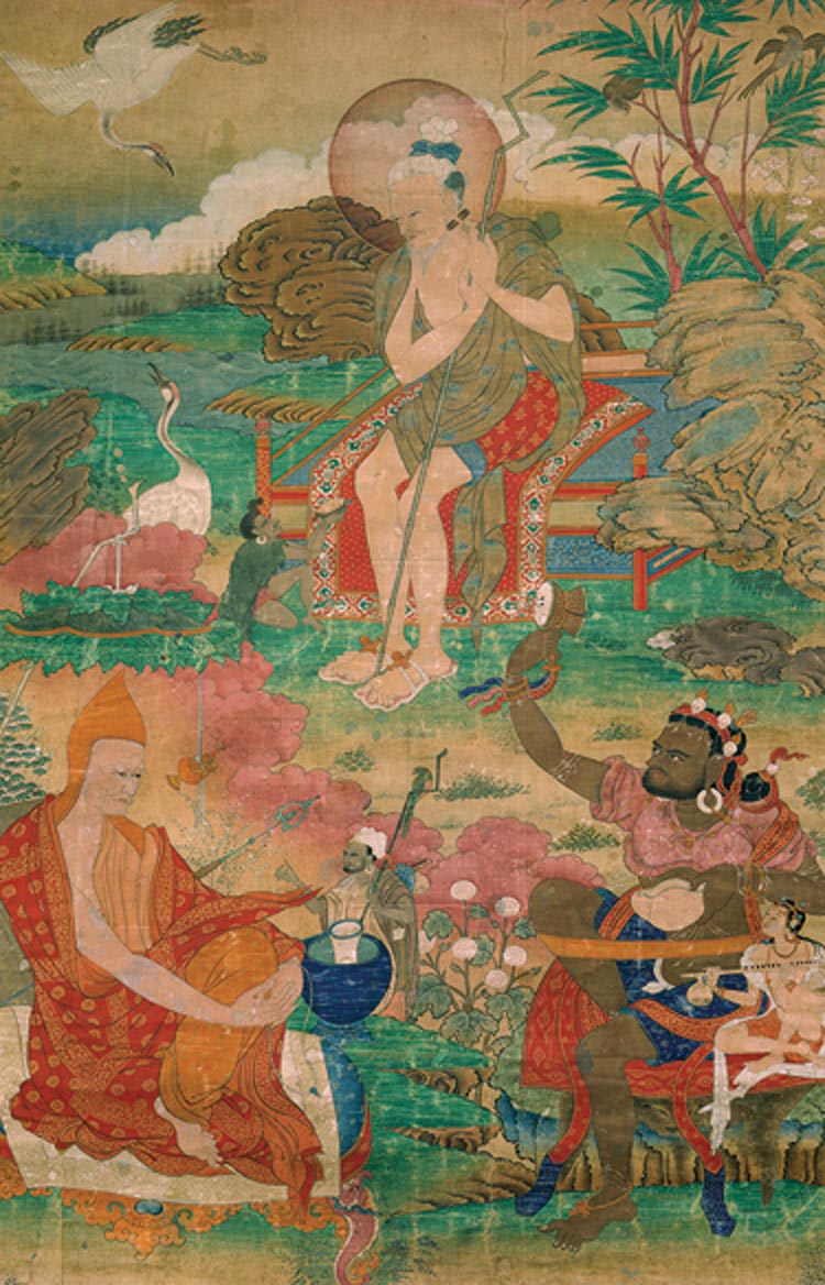 Au cours de son voyage à travers l’Inde du Nord, Marpa rencontra nombre de petites communautés de pratiquants tantriques, tels que les siddhas représentés ici. Cette thangka du XVIIe siècle est un exemple rare du début de l’école de peinture Karma Gardri, qui se développa dans le Grand Campement des Karmapas. Rubin Museum of Art C2004.14.2 (HAR 65349).  Photo de Bruce M. White.