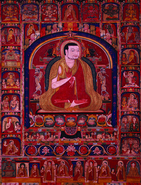 Pamodroupa Dorjé Gyalpo, étudiant de Gampopa et ami du dharma de Dusoum Khyènpa, est entouré de scènes de dévotion et de divinités de méditation dans cette peinture du XIVe siècle de style Tagloung. Collection du Rubin Museum of Art C2002.24.3 (HAR 65119).